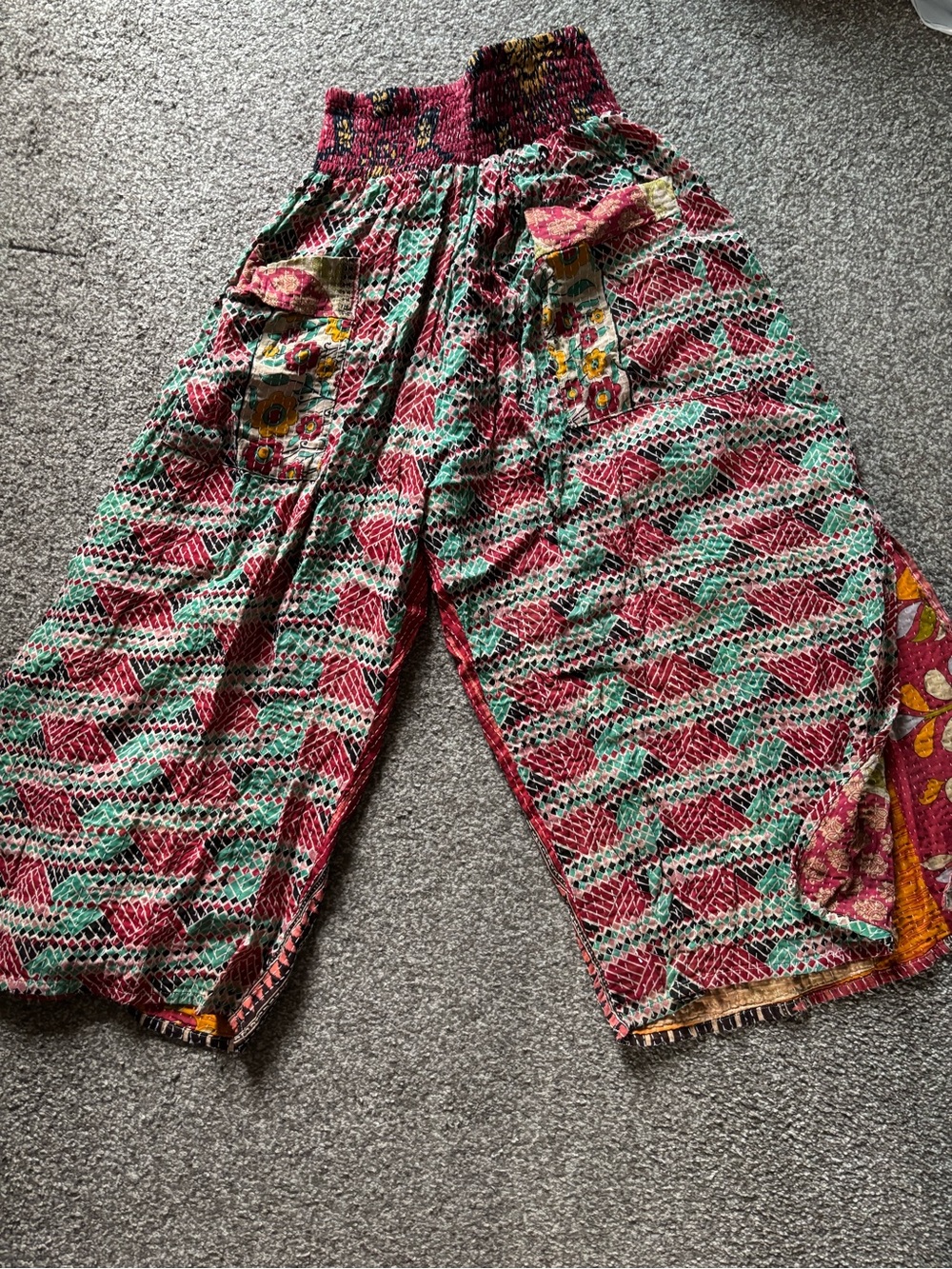 Kantha Bae Patterned Wide Leg Boho Pants in Pink and Teal